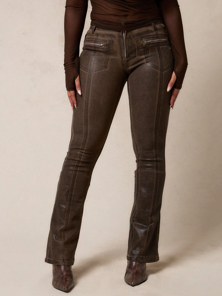 SUMWON WOMEN Slim Fit Distressed Bootcut Denim Jeans With Zipper Pocket Detail Front Seam Panel Design High Rise Vintage Wash Flared Leg | SHEIN