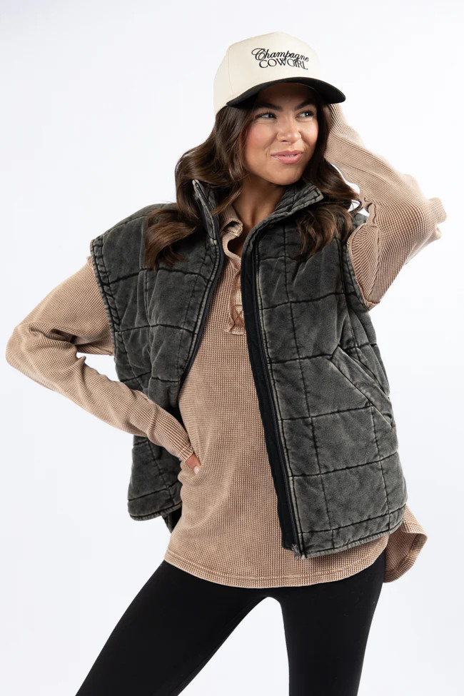 Perfect Tone Black Acid Wash Quilted Vest | Pink Lily
