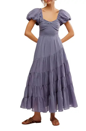 Free People Sundrenched Smocked Puff Sleeve Maxi Dress in Blue Granite at Nordstrom Rack, Size Small | Nordstrom Rack