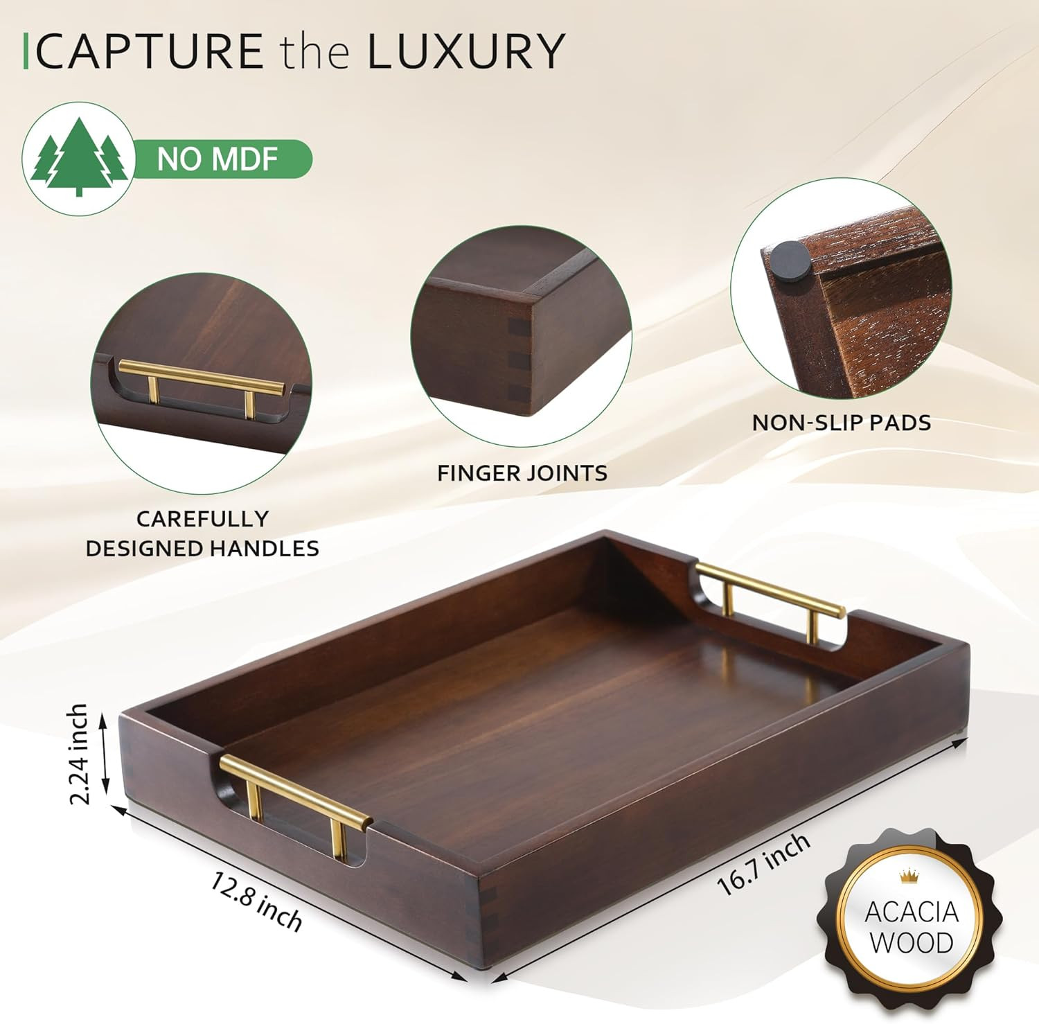 Joy&Grace Acacia Wooden Serving Tray with Metal Handles 16.7 x 12.8 inch Decorative Ottoman Tray ... | Amazon (US)