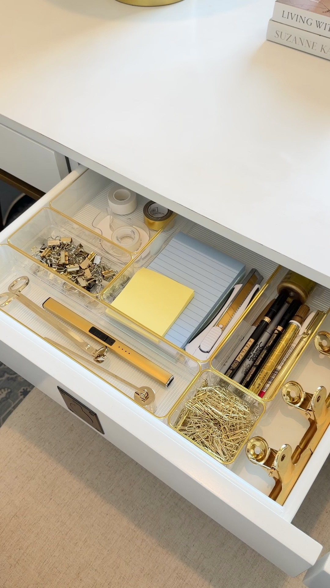 Gold trim organizers, desk organization