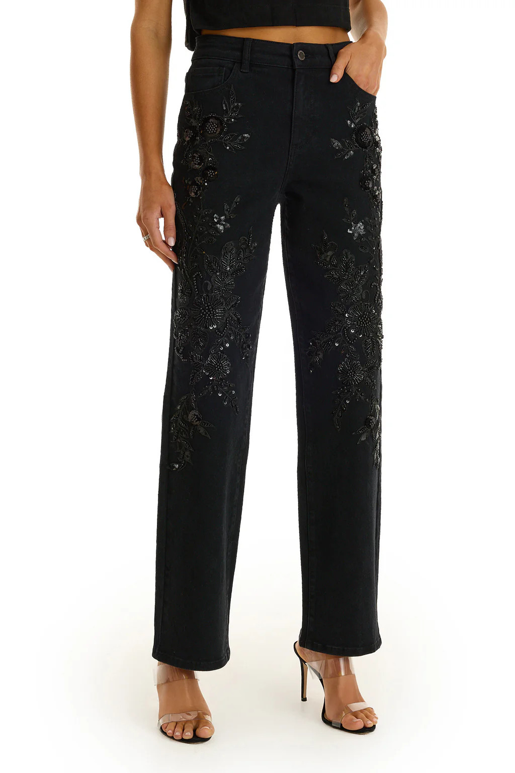 Stassi Floral Sequin Jean - Black | The Noli Shop