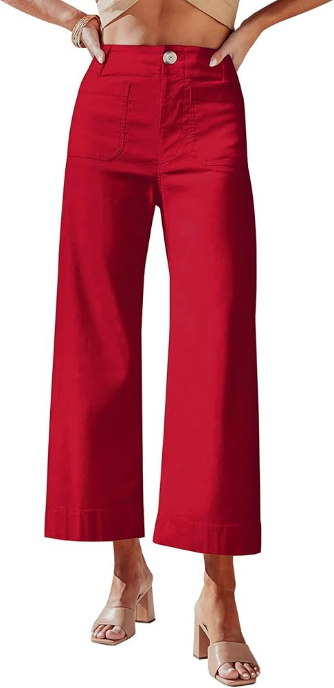 miduo Womens High Waisted Cropped Wide Leg Stretchy Straight Pants Trousers with Pockets | Amazon (US)