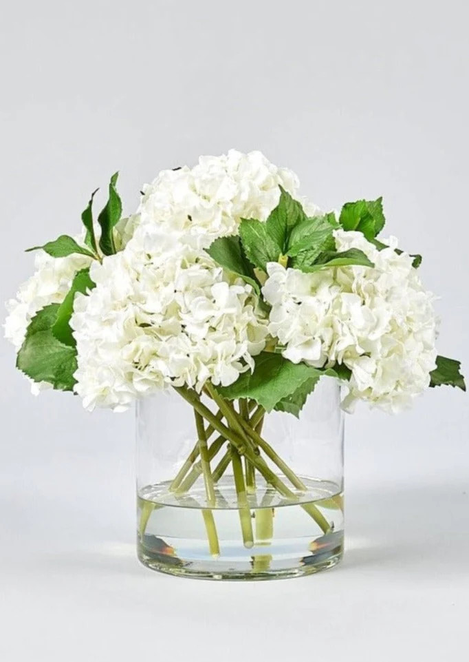 White Hydrangea in Glass Vase | Faux Flower Arrangements | Afloral.com | Afloral