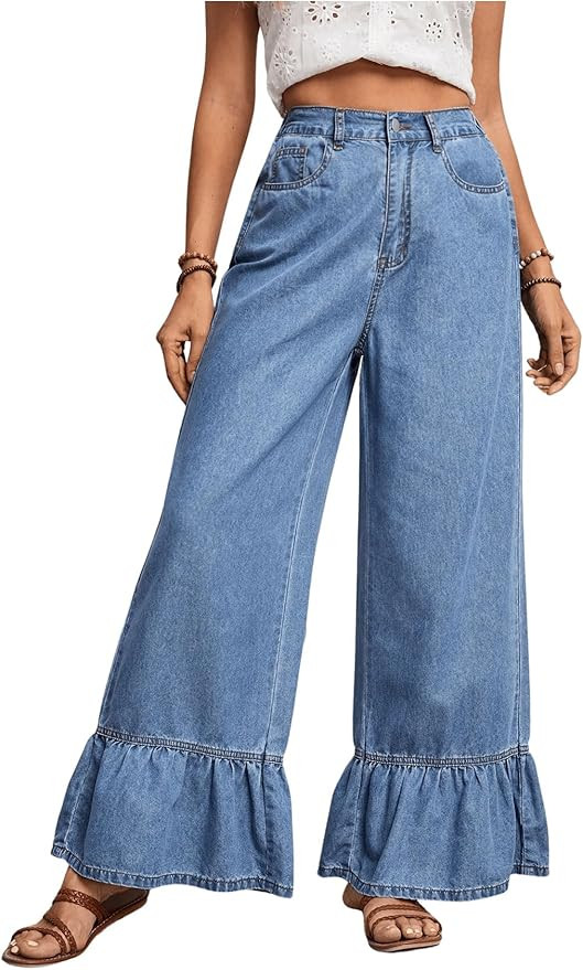 SweatyRocks Women's High Waist Ruffled Hem Wide Leg Baggy Jeans Denim Long Pants | Amazon (US)