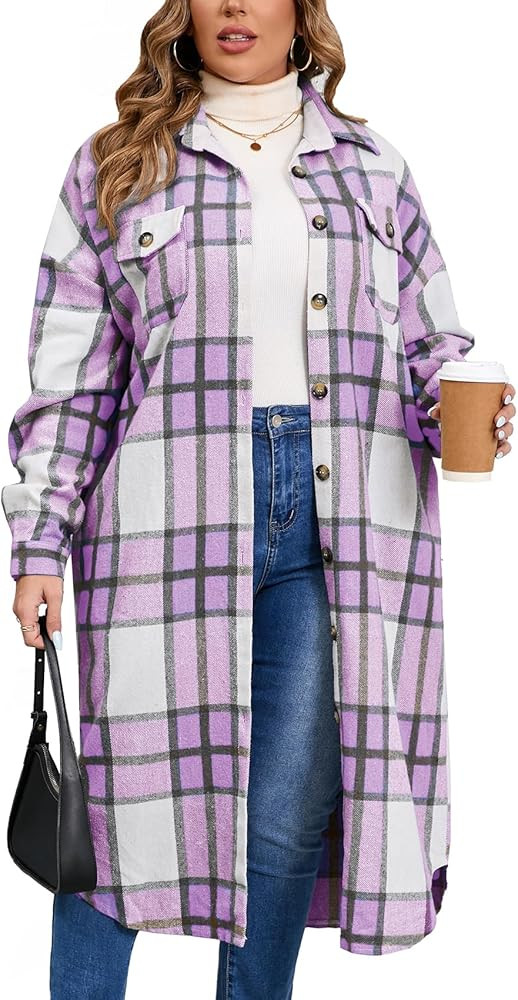 ZOMVA 2024 Women's 0X-5X Plus Size Long Flannel Plaid Shacket Jacket Oversized Button Down Coats ... | Amazon (US)