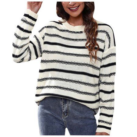 Womens Fall And Winter Sweater Plus Size Round- Neck Stripe Splicing Recreational Pullover Knitting  | Walmart (US)