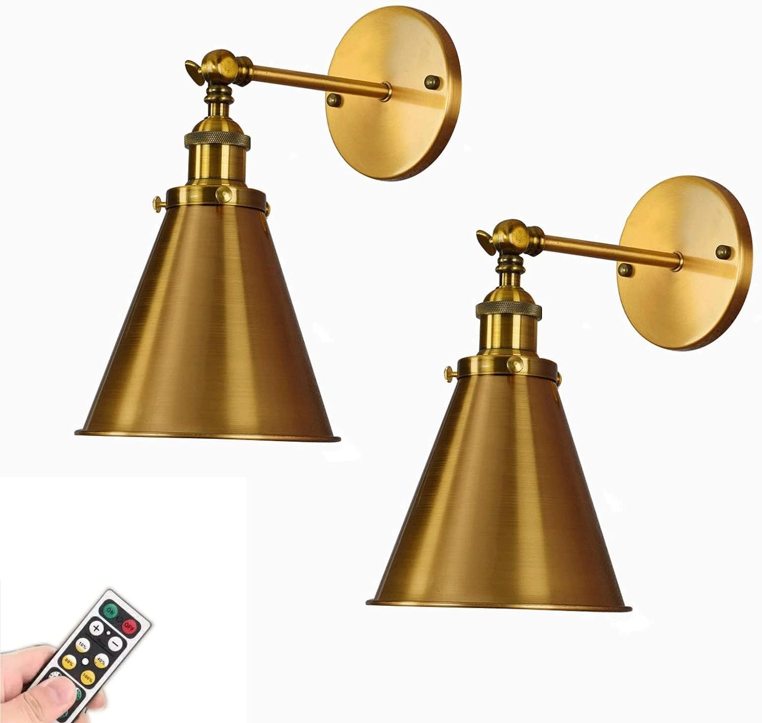 KEFA Industrial Wall Sconces 2 Pack,Brass Battery Operated Wall Light Indoor Wireless Dimmable Wa... | Amazon (US)