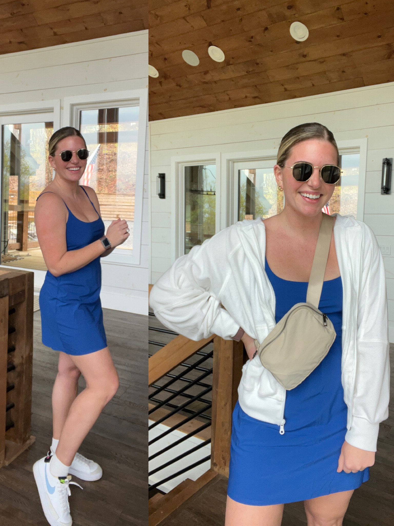 OOTD! Blue traveler dress is 😍🤌🏼 TTS - M regular 
White terry zip up hoodie TTS - M - sooo cozy & lightweight!!! 
Nike blazer TTS 
Lululemon belt bag lookalike ⭐️
Rayban sunglasses lookalike 10/10


#LTKtravel #LTKunder50 #LTKFind