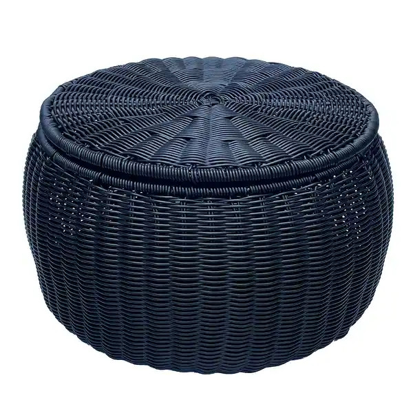 Outdoor /Indoor Black Pouf Wicker Footstool Ottomans Storage Seat With Lid | Bed Bath & Beyond