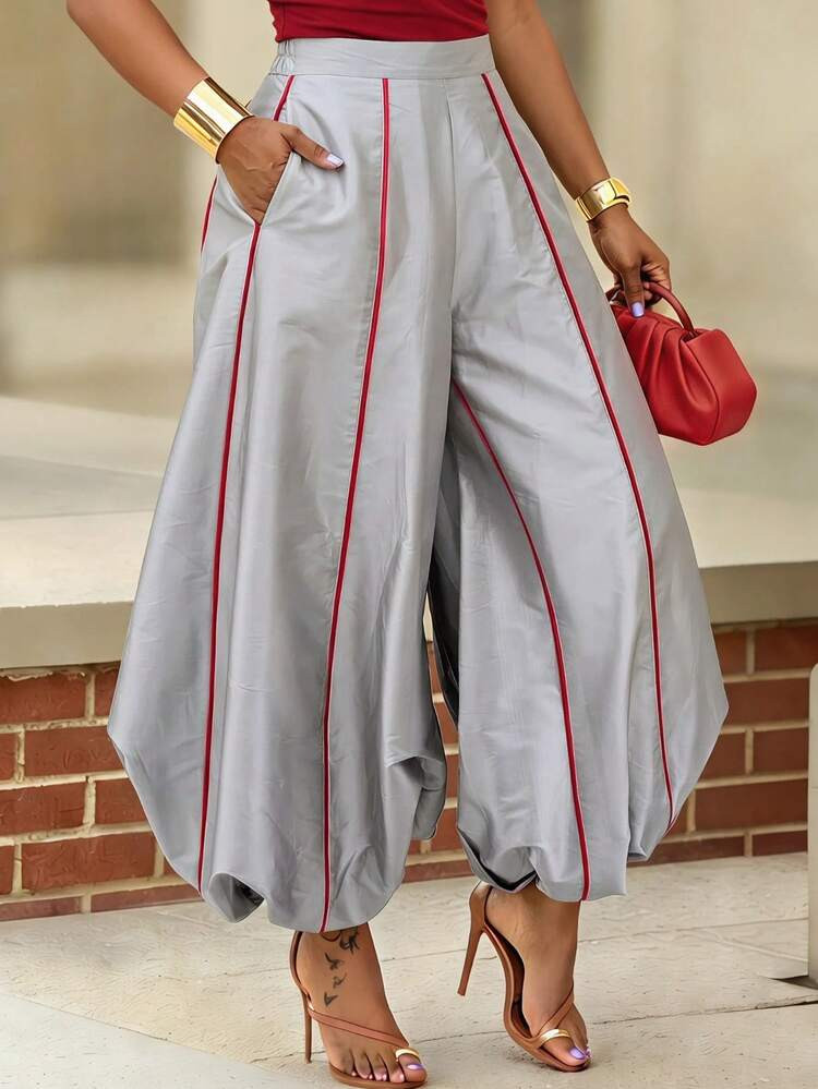 Women's Red Contrast Piping Balloon Pants \u2013 High Waist Loose Wide Leg Cropped With Side Pock... | SHEIN
