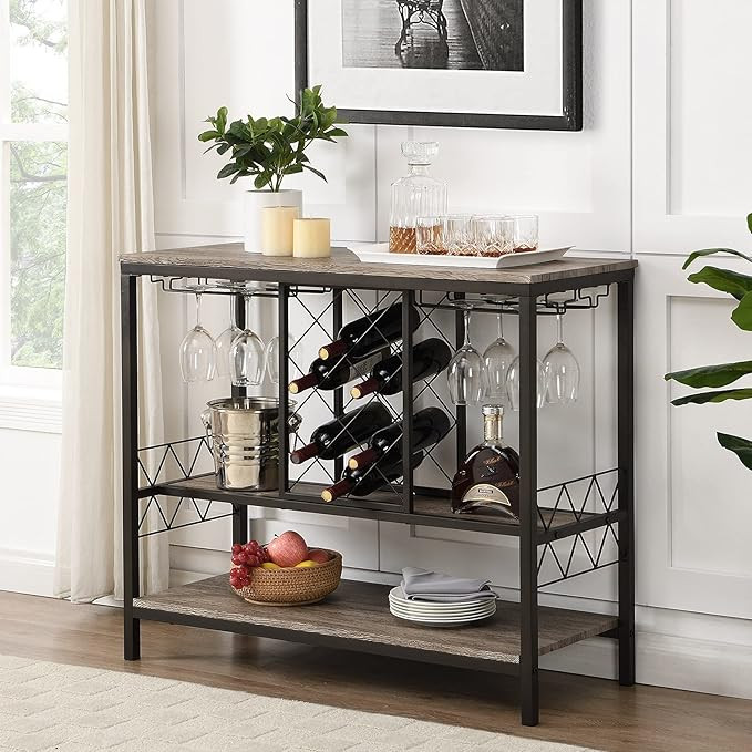 O&K Furniture Wine Rack Table with Glass Holder, Wine Bar Cabinet, Liquor Buffet Cabinet with Sto... | Amazon (US)