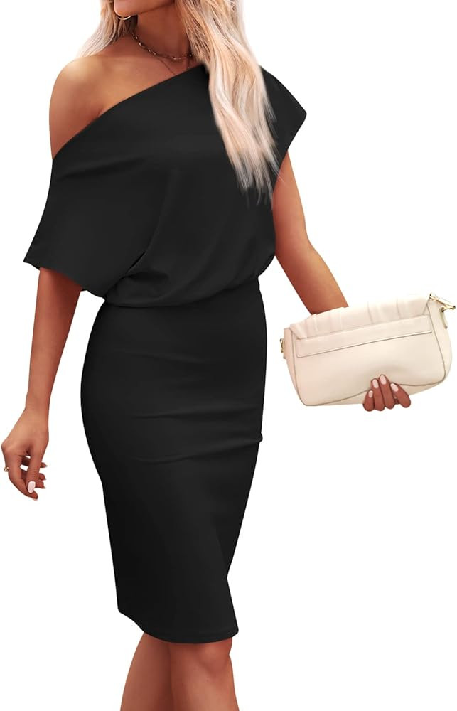 LILLUSORY Women's Off The Shoulder Dresses Summer Short Sleeve Party Bodycon Pencil Sheath Midi Dres | Amazon (US)