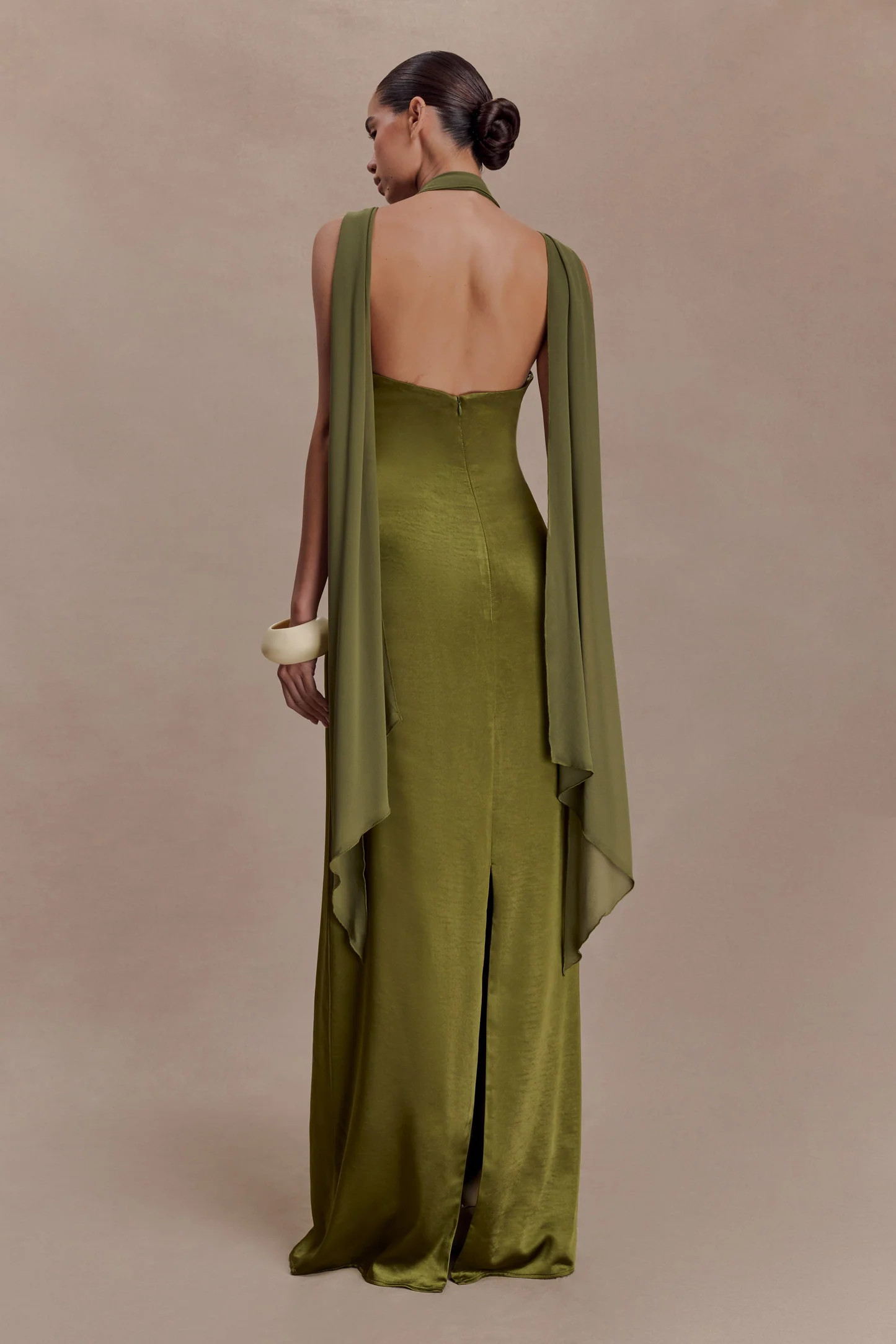 Draped Shoulders Satin Maxi Dress - Khaki | MESHKI US