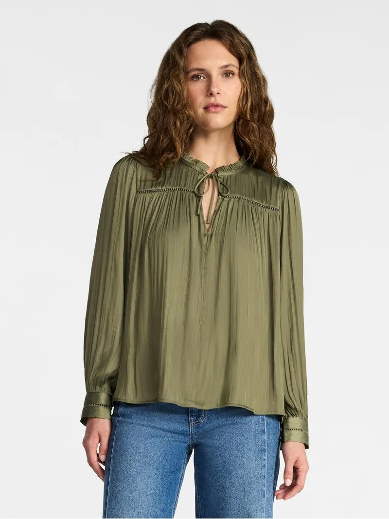 Time and Tru Women's Soft Ruched Yoke Blouse with Long Sleeves, Sizes XS-XXXL | Walmart (US)