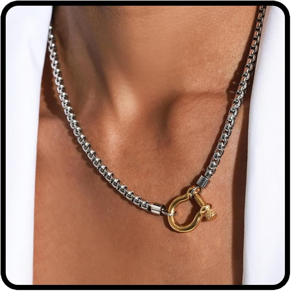 Two Tone Necklace for Women Stainless Steel Silver Wheat Chain Necklace Gold Screw Shackle Nautic... | Amazon (US)