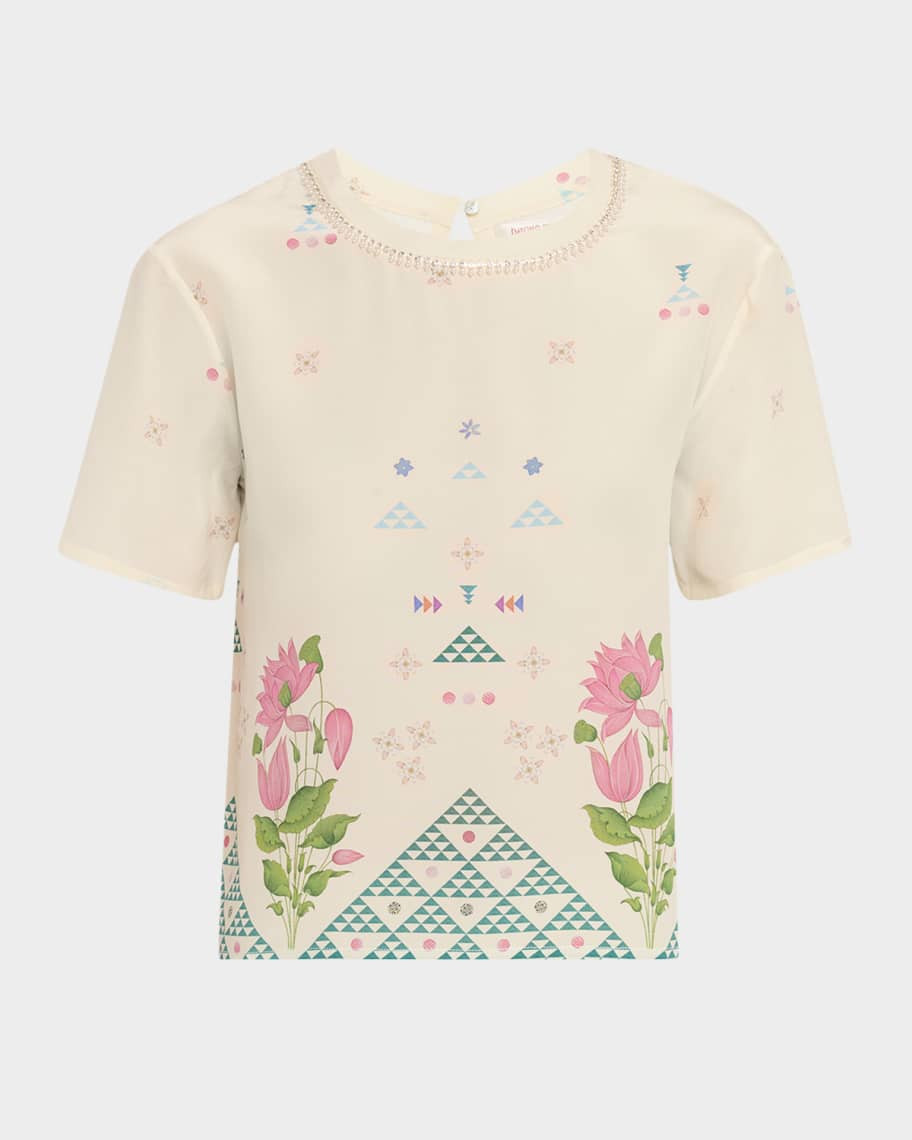 Gabrielle Crystal-Neck Short-Sleeve Silk Top | Neiman Marcus