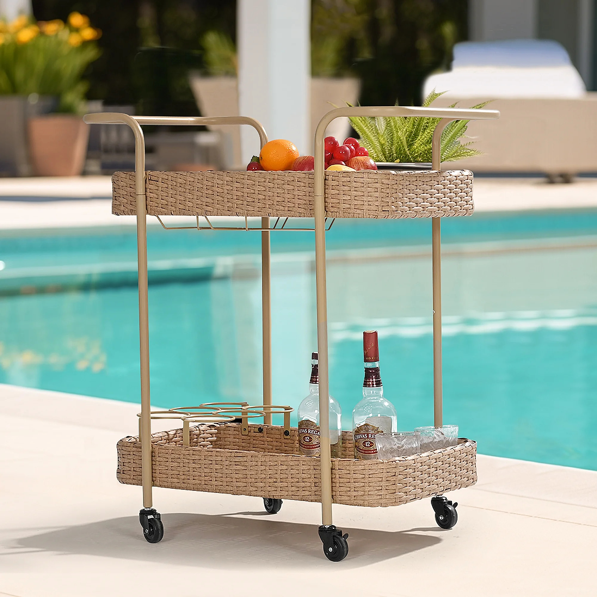 Pamapic Outdoor Patio Wicker Rattan 2-Tier Serving Bar Cart with Wheels, for Kitchen, Patio, Deck... | Walmart (US)