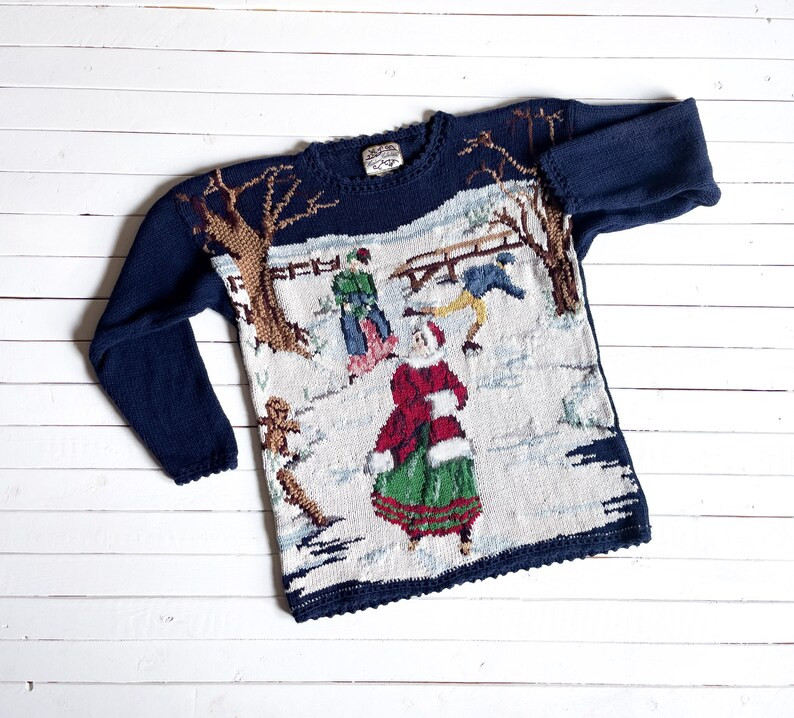 Christmas Sweater 90s Vintage Heirloom Collectibles Victorian Ice Skating Embroidered Sweater - E... | Etsy (US)