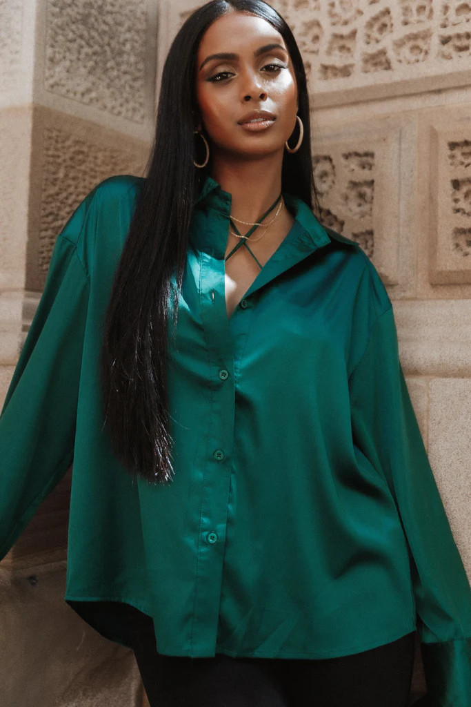 Selena Satin Button Down Top - Hunter Green | Petal & Pup (US)
