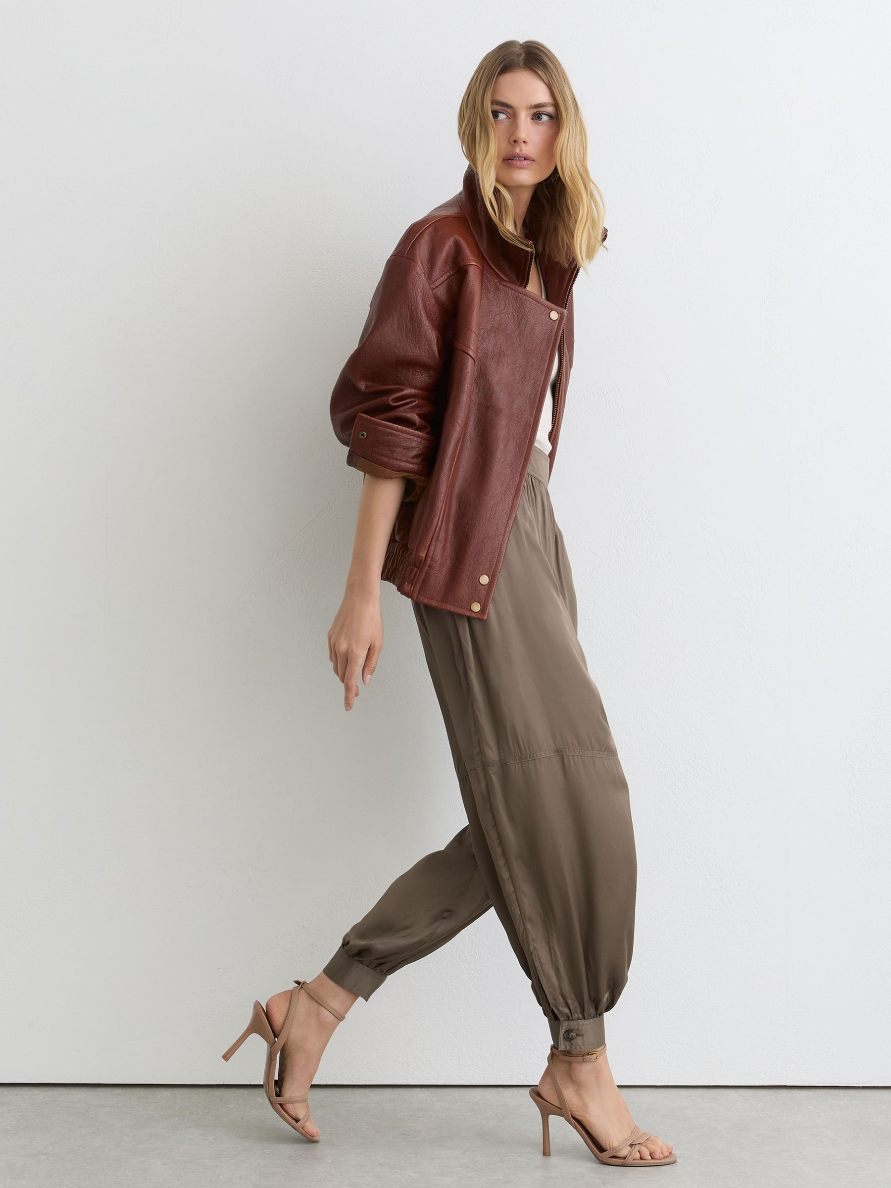 Satin Balloon-Leg Trousers in Taupe Neutral | Reiss UK