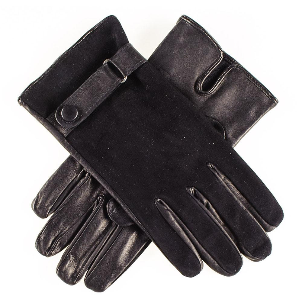 Black Suede and Leather Gloves with Strap | Black