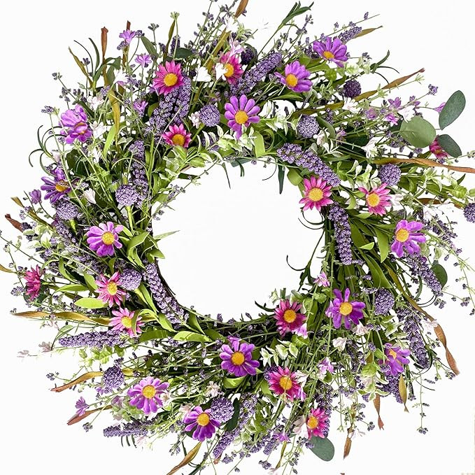Bibelot 22 Inch Purple Flower Wreath - Spring/Summer Artificial Wildflowers & Green Leaves for Fr... | Amazon (US)