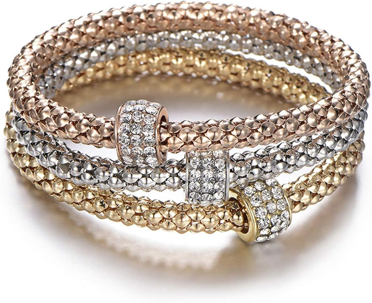 3PCS Gold/Silver/Rose Gold Tone Corn Chain Stretch Bracelets with Charms Multilayer Bracelet for ... | Amazon (US)
