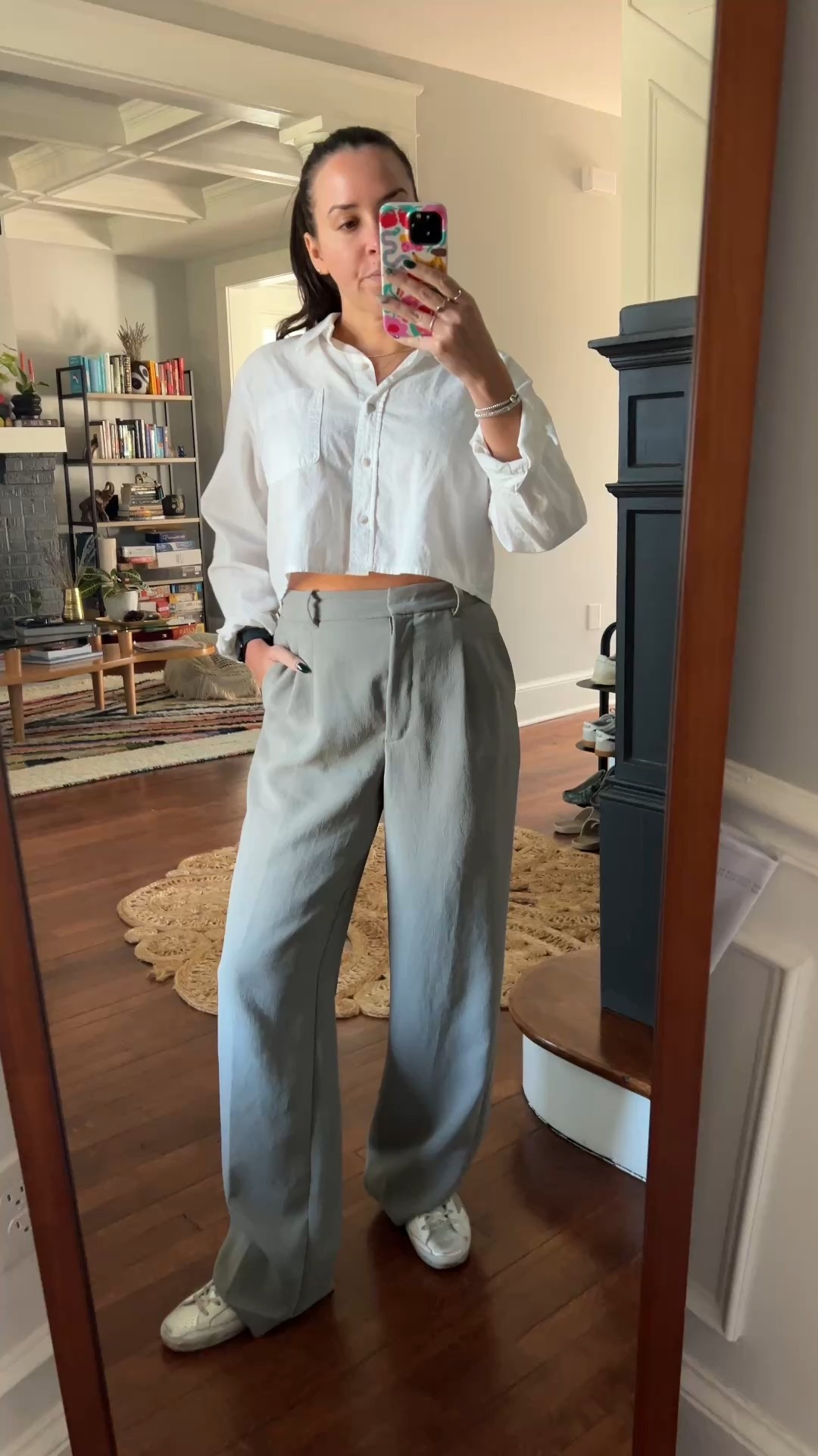 Crop top. Long sleeve crop top. Button down. Trousers. WFH. Work from home outfit. Spring outfit. Casual style. Aritzia. Target. Golden goose. 

 #LTKWatchNow #LTKWorkwear #LTKFindsUnder50