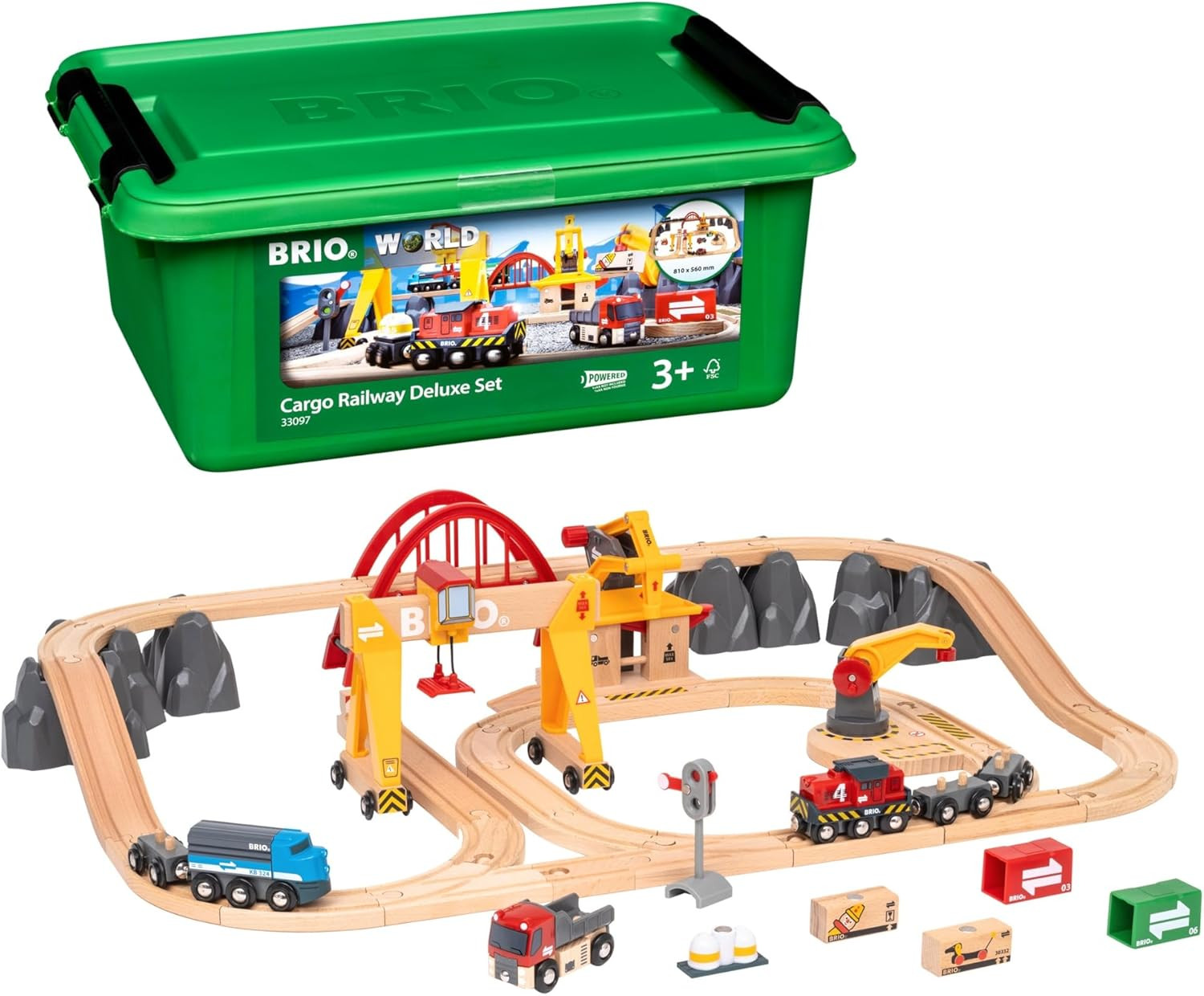 BRIO World Cargo Railway Deluxe - Wooden Track Train Set - Battery-Powered Engine, 3 Cranes, Bridge, Truck - Kids Ages 3+ - Compatible with All Wooden Rail Sets - FSC Certified Wood - 54-Pieces | Amazon (US)