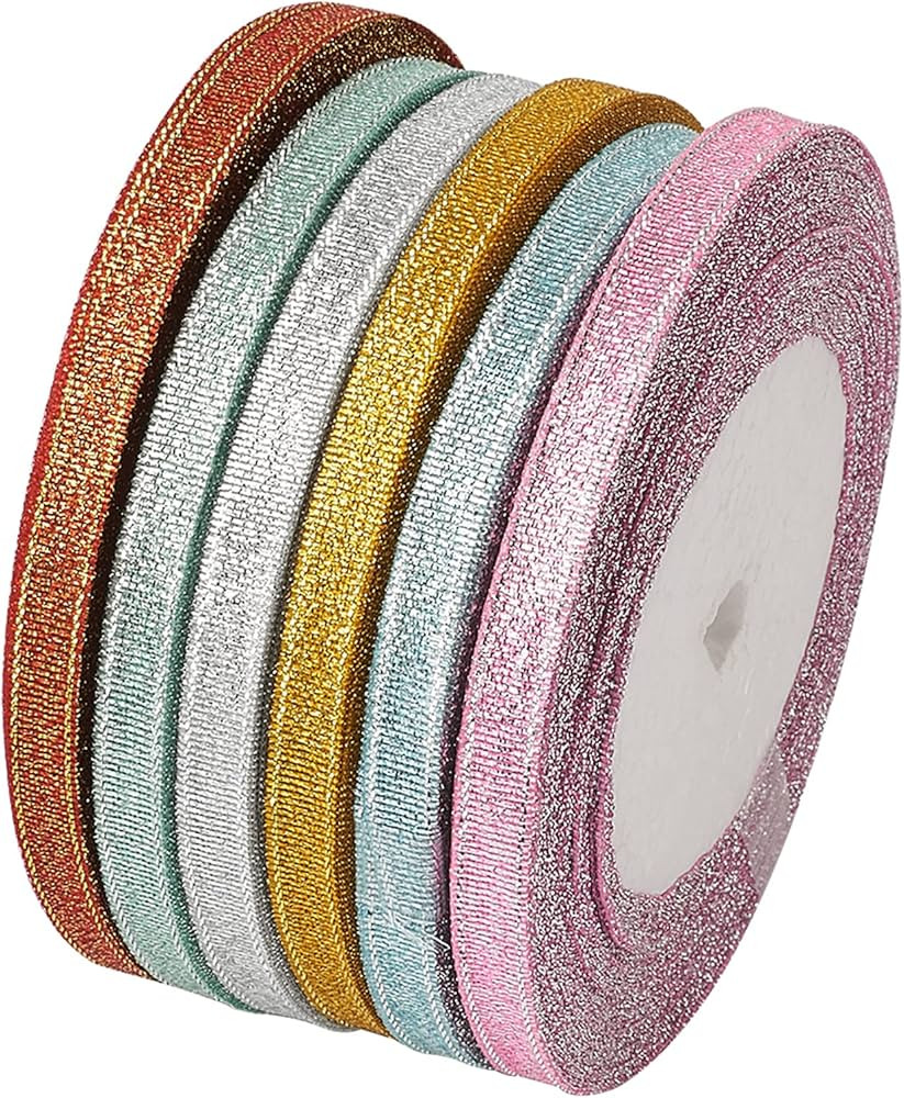 Fashewelry 6 Rolls 198 Yards Sparkly Glitter Fabric Ribbon 1/4-Inch 6mm Metallic Sheer Organza Ri... | Amazon (US)