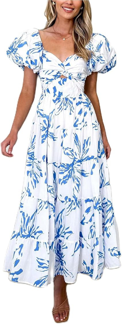 Women Spring Dresses Flowy Smocked Maxi Dress Puff Sleeve Sweetheart Y2K Floral Boho Summer Sundr... | Amazon (US)