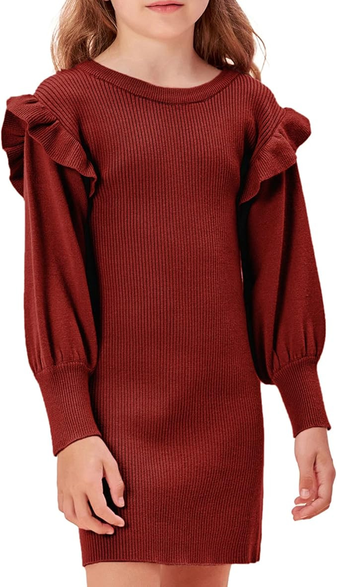 Girls Sweater Dress Crew Neck Lantern Sleeve Dress Knit Ruffled Dress Size 5-14 | Amazon (US)