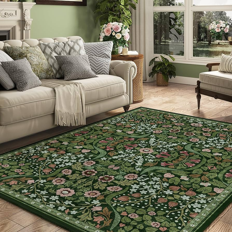 5x7 Green Floral Washable Area Rug for Living Room, Non-Slip Soft Vintage Boho Carpet, Botanical ... | Amazon (US)