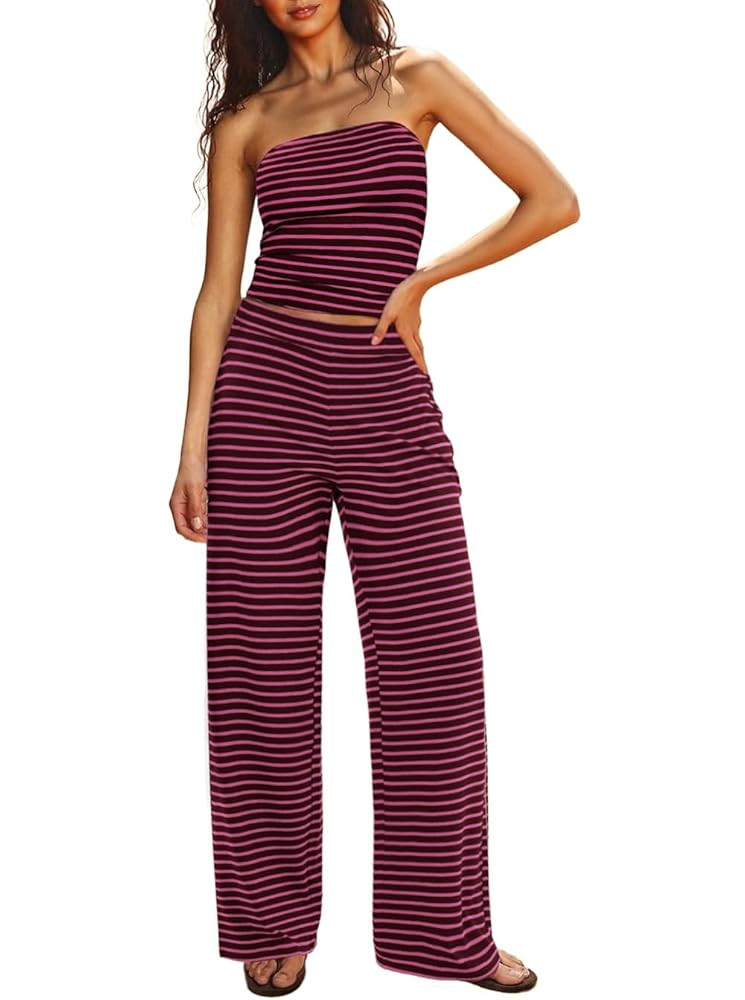 Two Piece Sets For Women Summer Outfits Lounge Sets Striped Tube Top And Pants Matching Sets Beac... | Amazon (US)