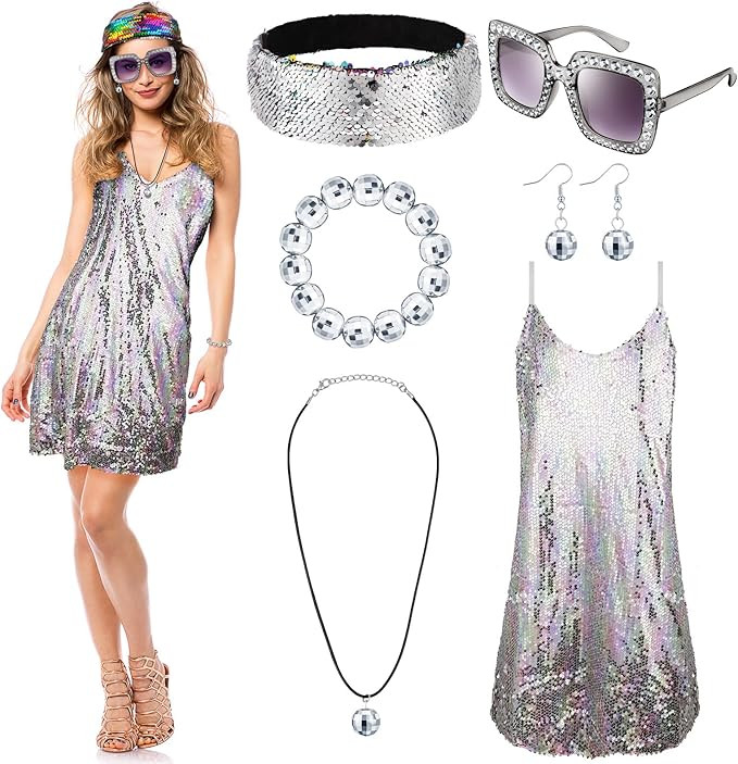 6 Pcs 70s Disco Costume Women Disco Costume Outfit, 70s Dance Dress Headband Disco Ball Earrings ... | Amazon (US)