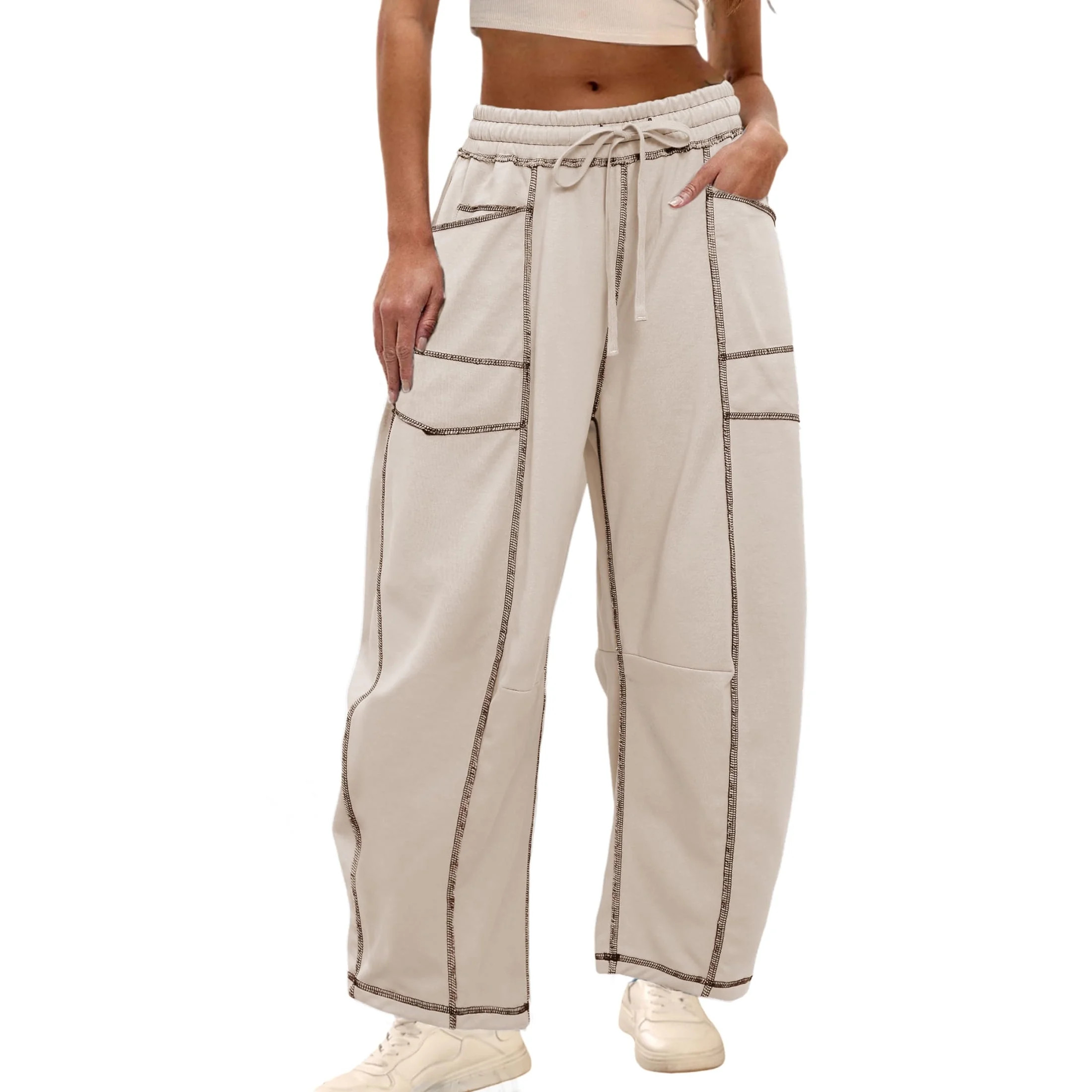 Lentta Womens Baggy Barrel Pants Wide Leg Lounge Drawstring Sweatpants with Pockets | Walmart (US)