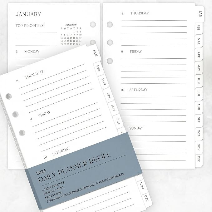Beautiful 2026 Daily Planner Inserts for 6 Ring Binders - Durable Paper Refill Set 3.75" x 6.75" ... | Amazon (US)