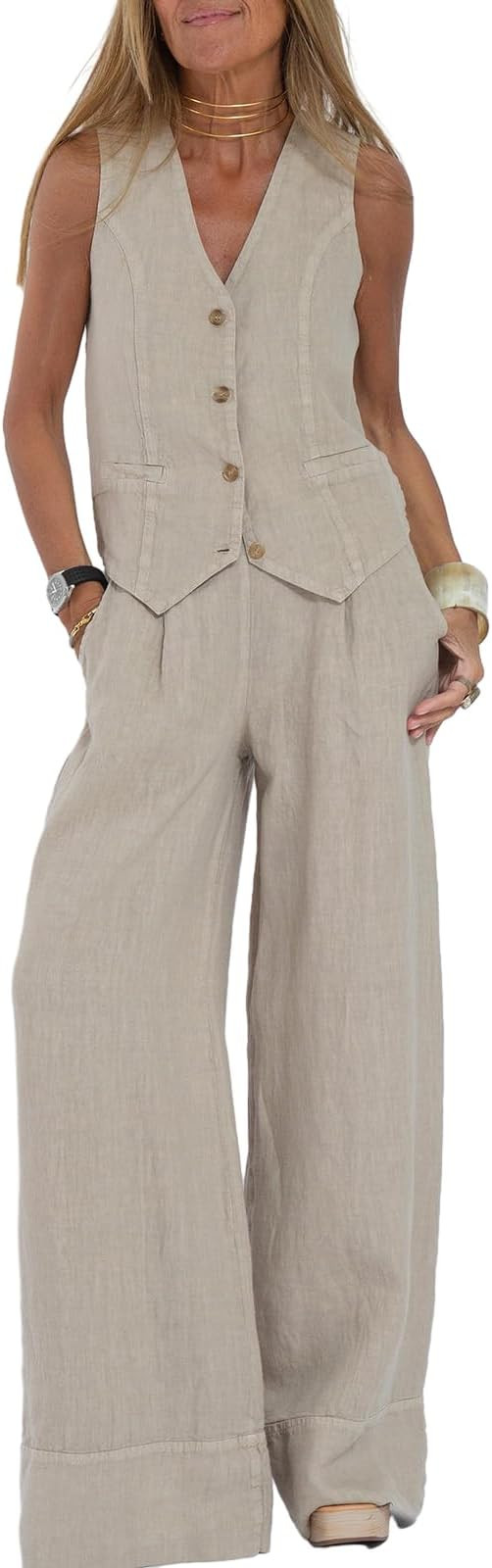 Womens Cotton Linen 2 Piece Outfit Sleeveless Suit Button V-Neck Vest and Wide Leg Pants Casual B... | Amazon (US)