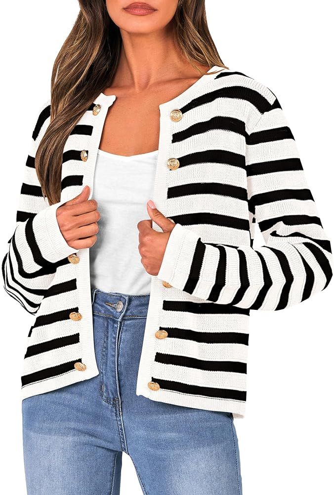 PRETTYGARDEN Women's Striped Cardigan Sweaters Ribbed Knit Long Sleeve Open Front Crewneck Casual... | Amazon (US)
