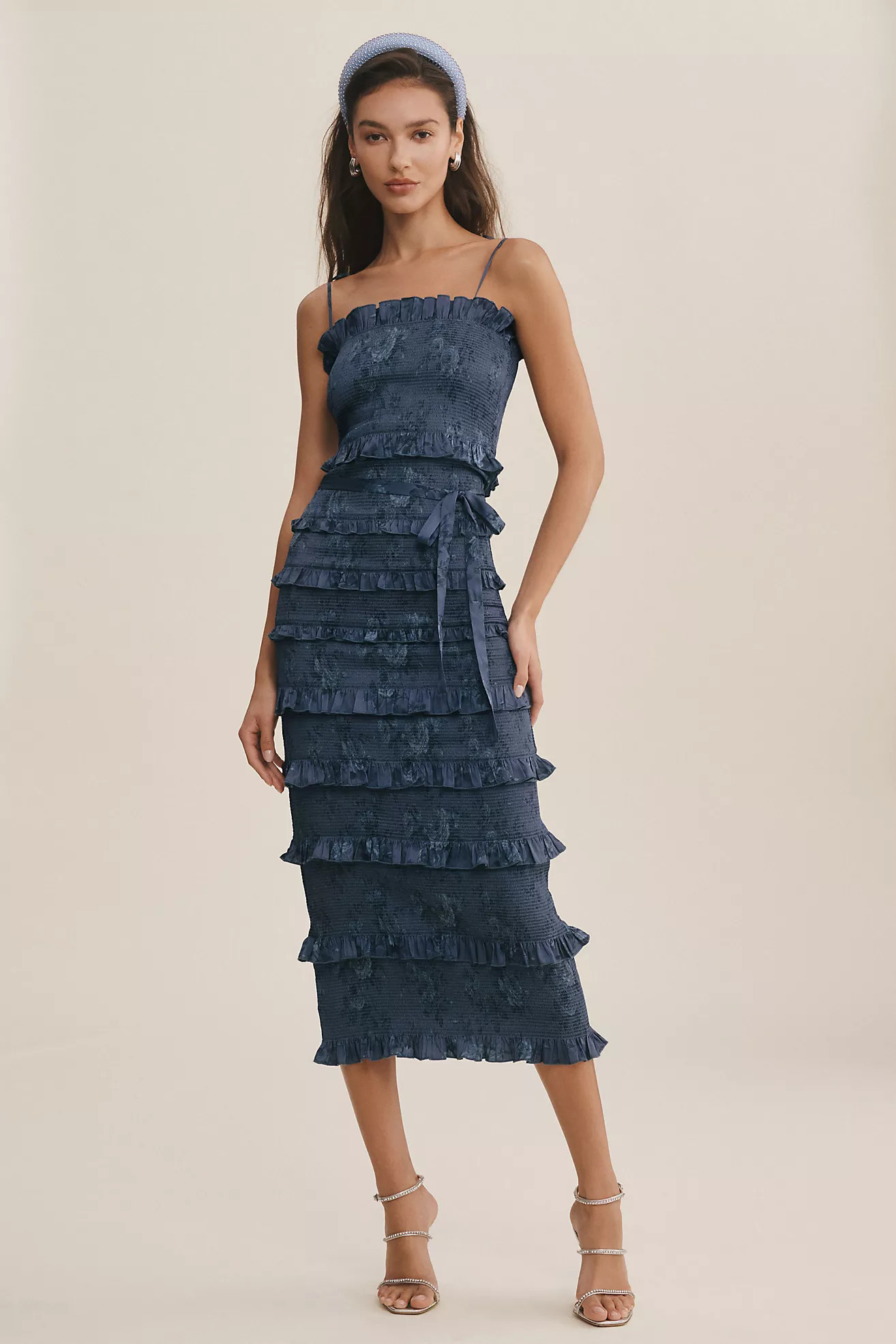 V. Chapman Lily Printed Ruched & Ruffled Stretch Midi Dress | Anthropologie (US)