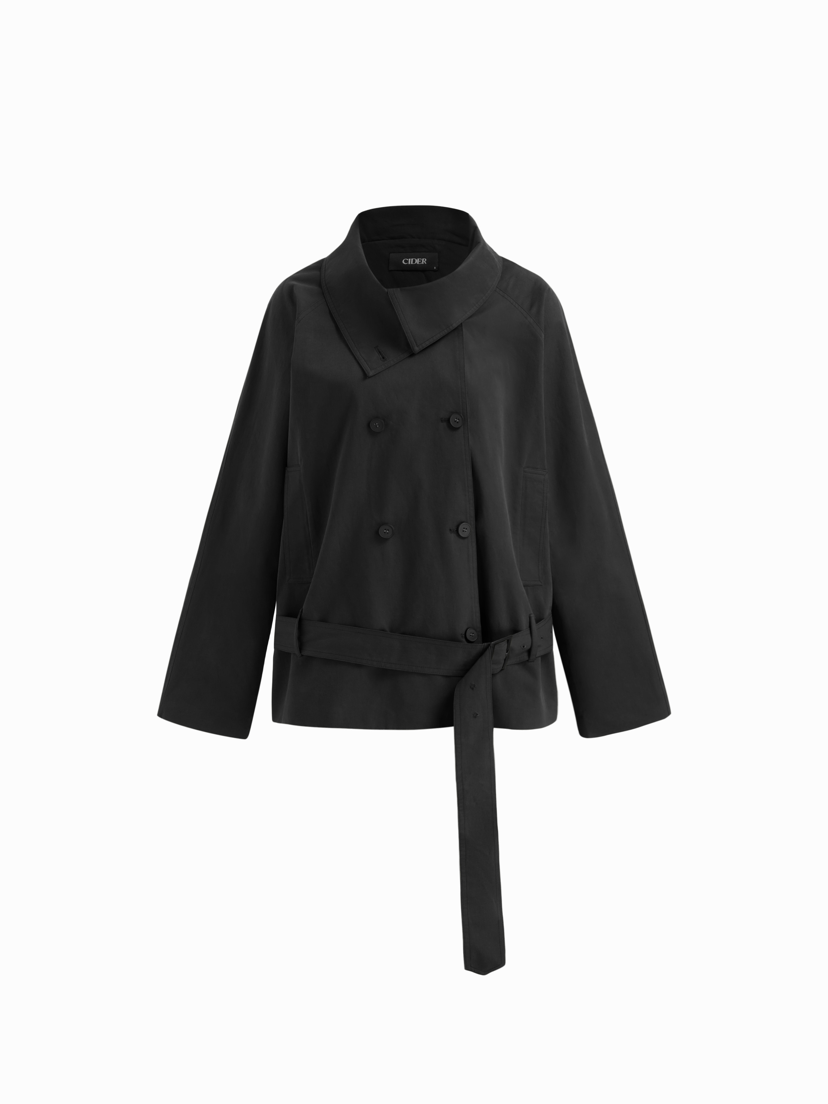 Woven Multi-way Cotton Funnel Neck Double Breasted Oversized Windbreaker With Belt For Daily Casu... | Cider