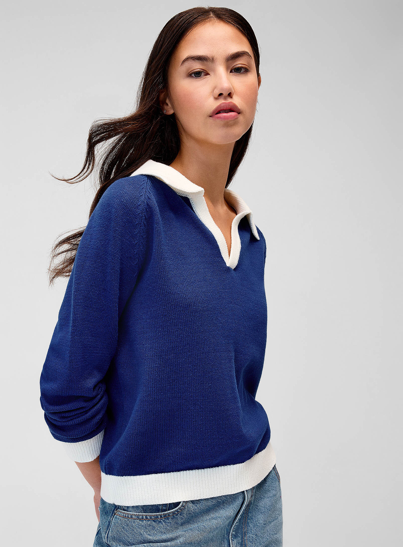 Contrasting-trim Johnny-collar sweater | Simons