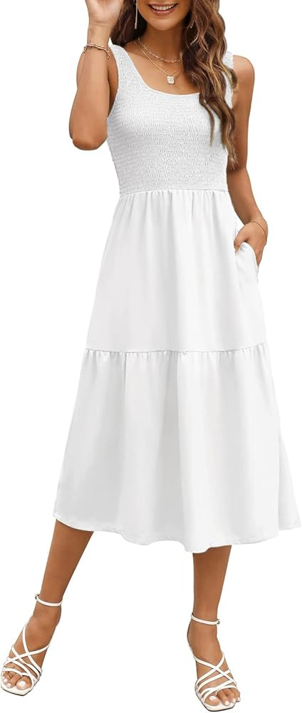 Maggeer Women's Sleeveless Smocked Tiered Scoop Neck Summer Midi Tank Top Dress with Pockets | Amazon (US)