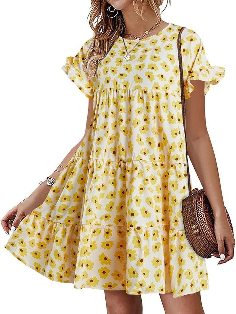 Chuanqi Womens Ruffles Boho Floral Printed Babydoll Loose Swing Casual Short Mini T-Shirt Dress | Amazon (US)