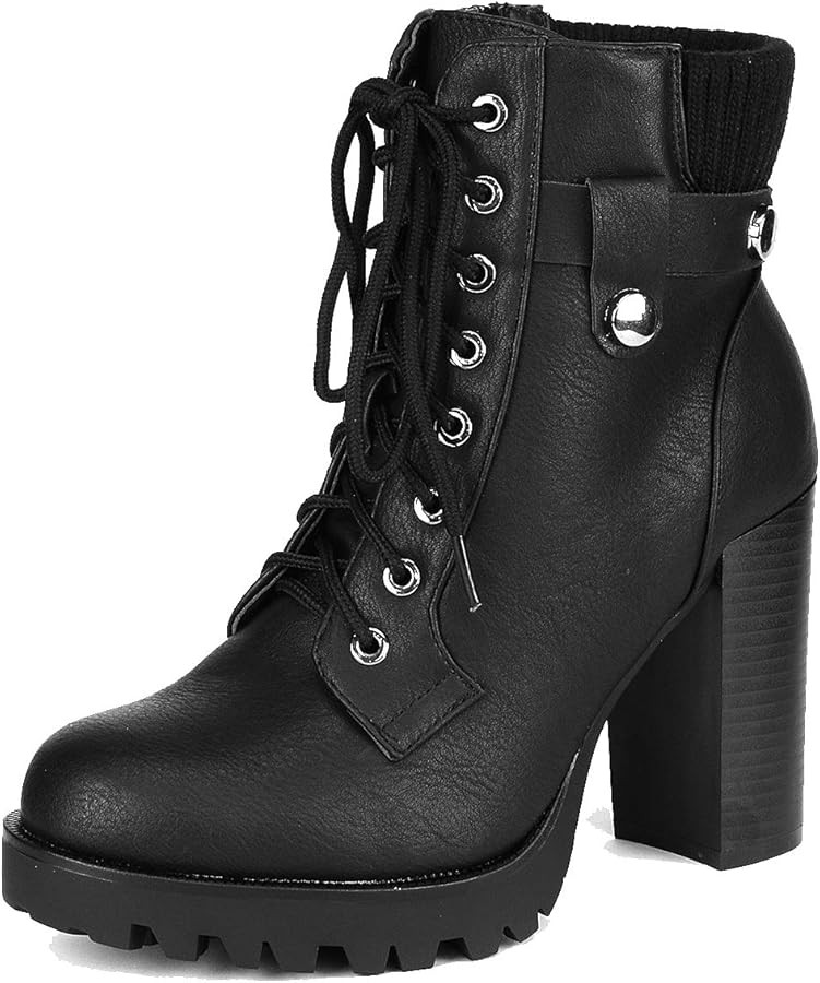 DREAM PAIRS Women's Lace up Combat Ankle Boots High Chunky Heel Fashion Heeled Booties Shoes | Amazon (US)