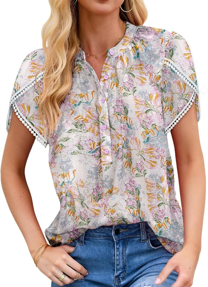Dokotoo Womens Tops Summer Casual Boho Floral Print Short Sleeve Half Button Down V Neck Chiffon ... | Amazon (US)