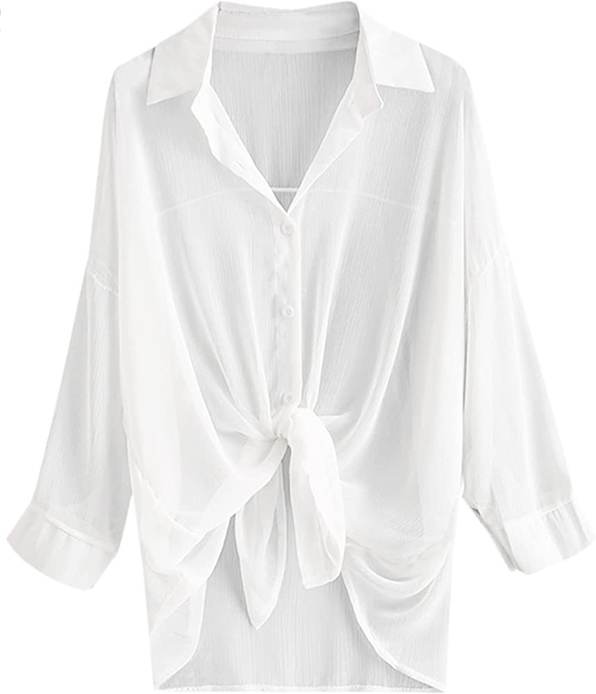 ZAFUL Women's Beach Swimsuit Cover Up Sheer Lace White Beach Cover Up White Shirt | Amazon (US)