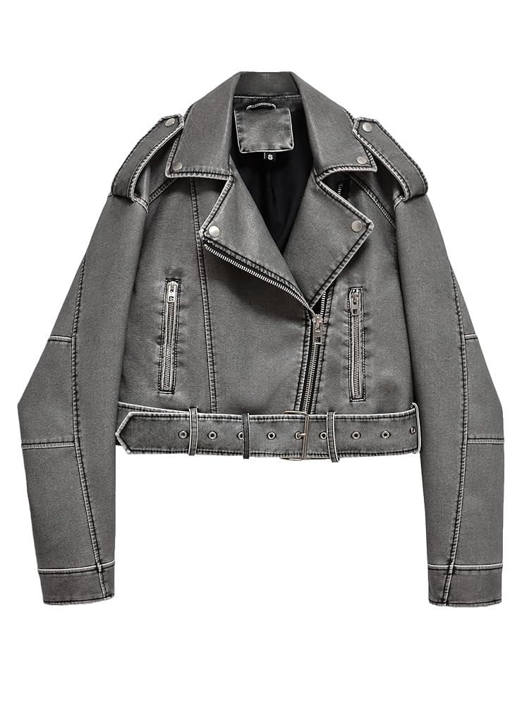 LY VAREY LIN Women Faux Leather Cropped Jacket Lapel Zipper Biker Short Coat with Belt | Amazon (US)