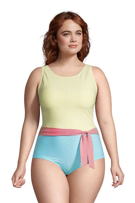 Women's Plus Size Chlorine Resistant Tummy Control High Neck Belted One Piece Swimsuit Seersucker | Lands' End (US)